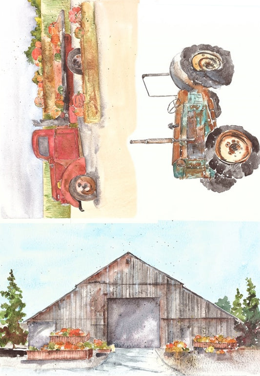 Fall Farm (Red Truck and Barn) Decoupage Paper Sheet